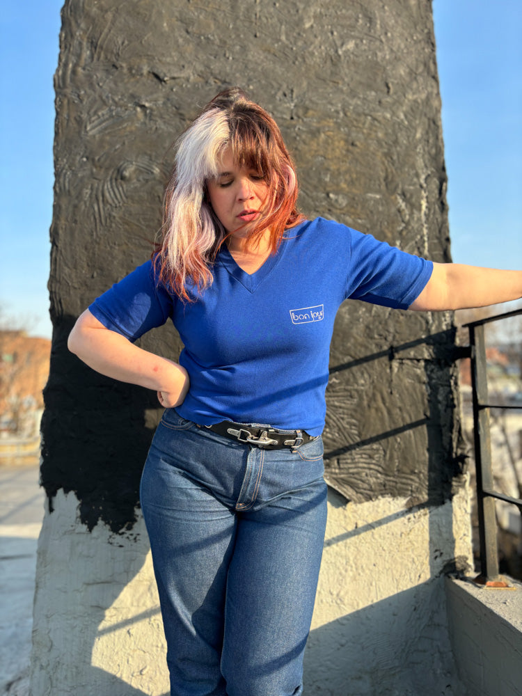 70's 80's Bonjour Paris Navy Blue V Neck Single Stitch Short Sleeve T Shirt