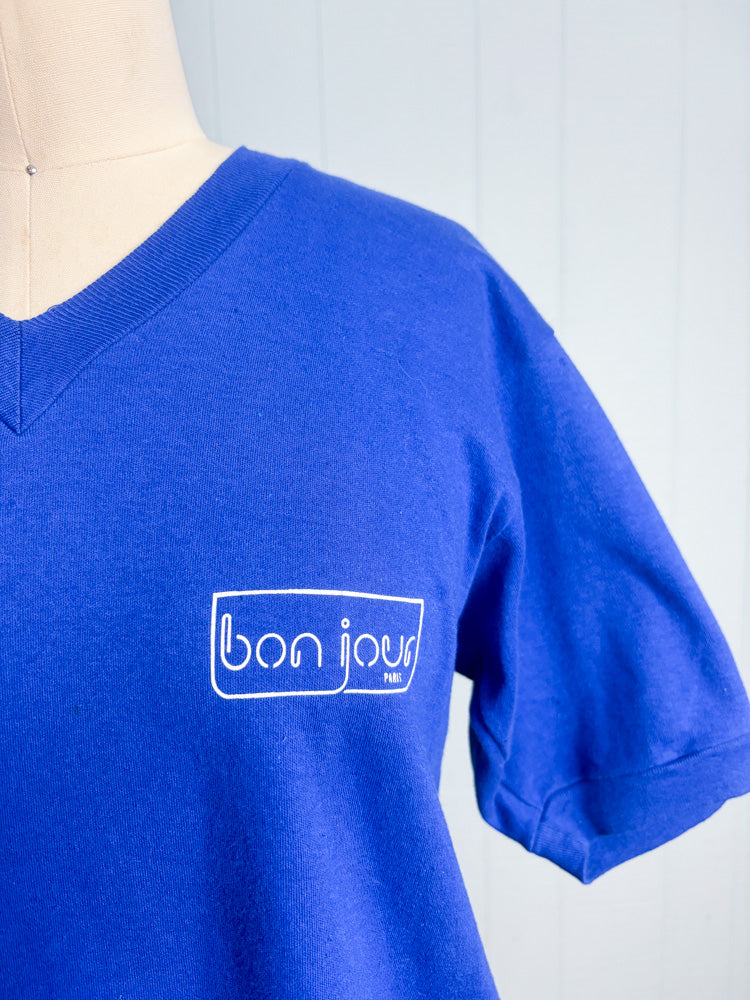 70's 80's Bonjour Paris Navy Blue V Neck Single Stitch Short Sleeve T Shirt