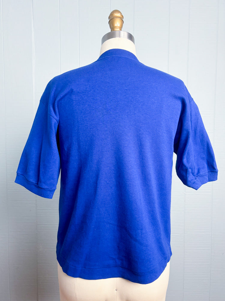 70's 80's Bonjour Paris Navy Blue V Neck Single Stitch Short Sleeve T Shirt