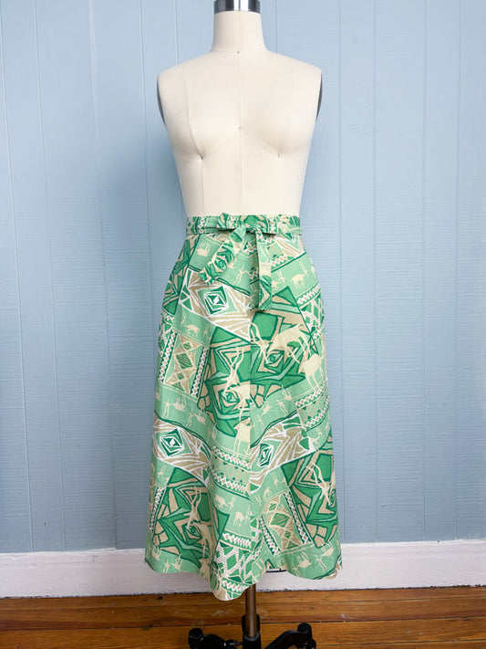 70's Safari Print Green Wrap Skirt