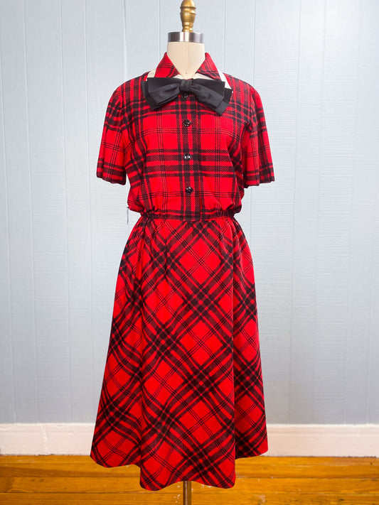 80's Red/Black Plaid Party Dress Oversize Bow & Collar