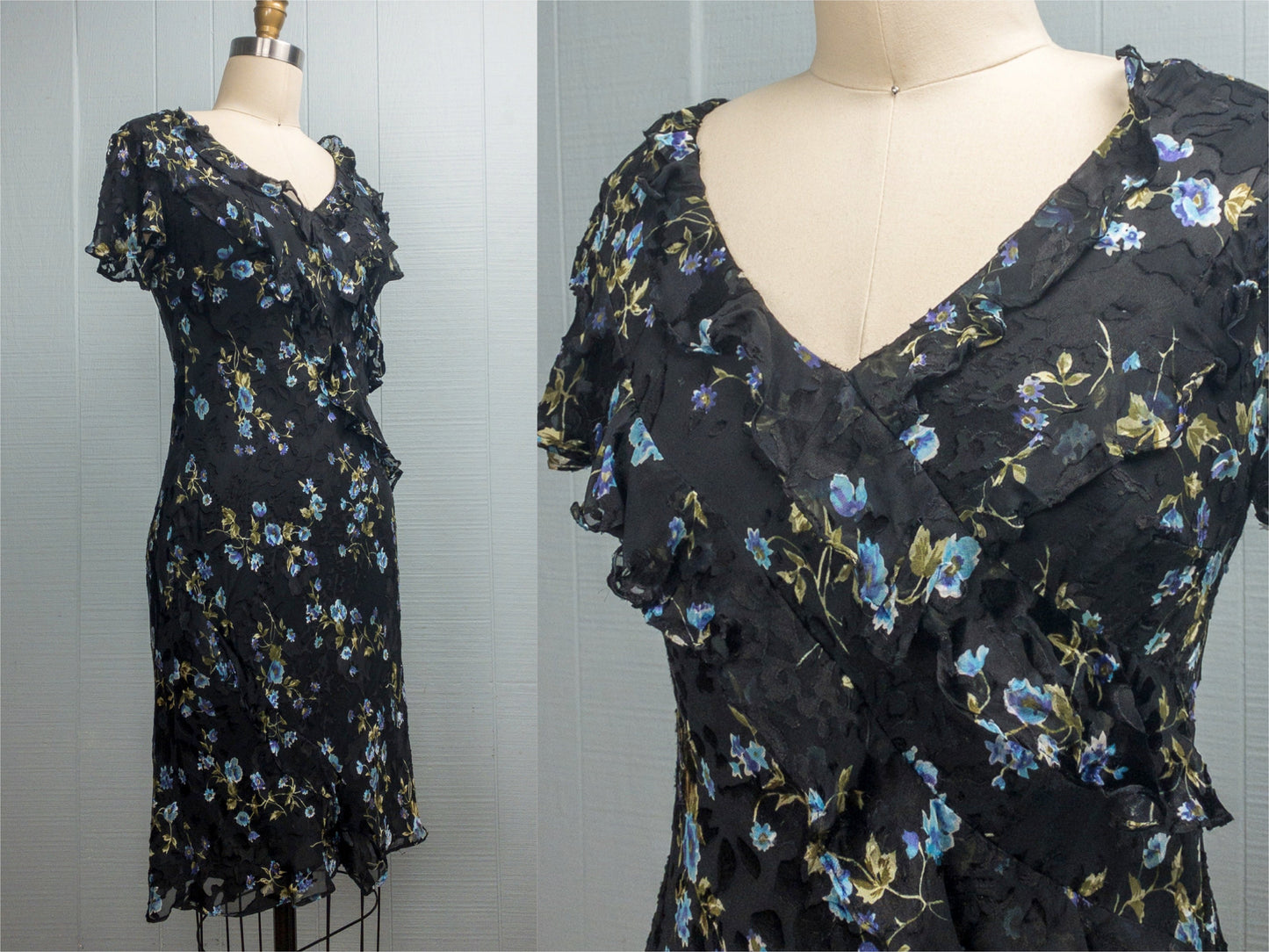 90's Y2K Bias Cut Silk/Rayon Black Floral Dress | S