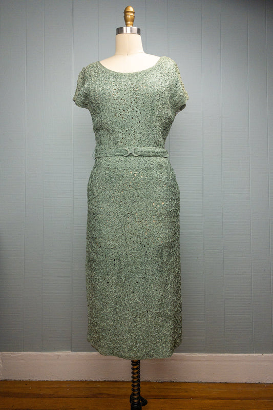 50's Pale Sage Ribbon Dress | M/L