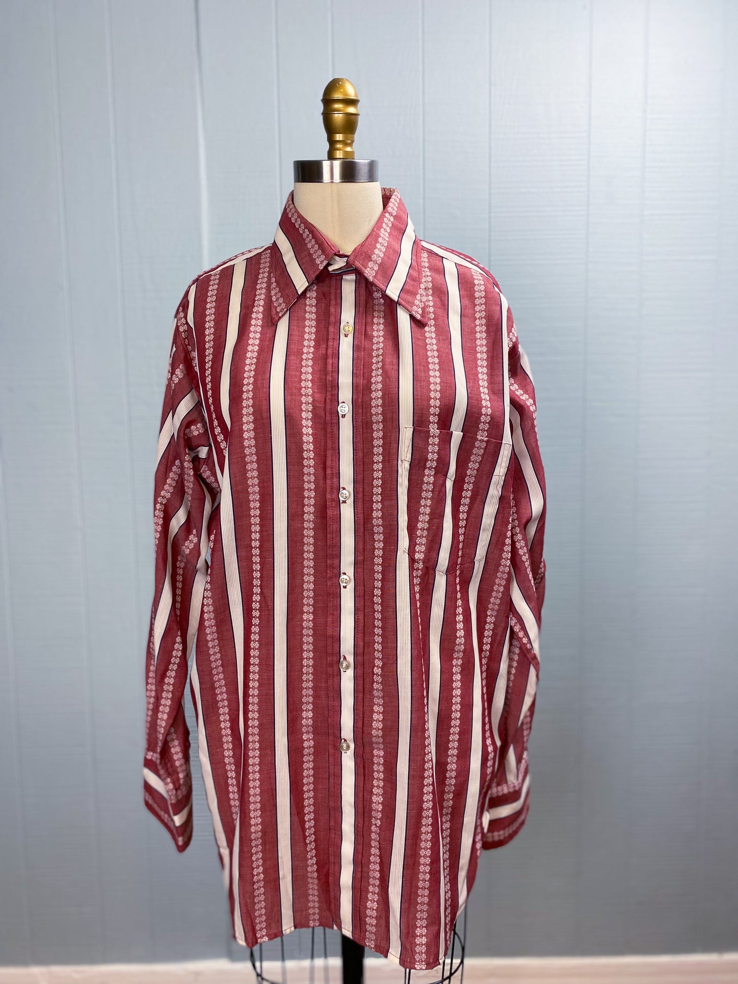 70's Wine & White Vertical Stripe Dagger Collar Button Up Shirt