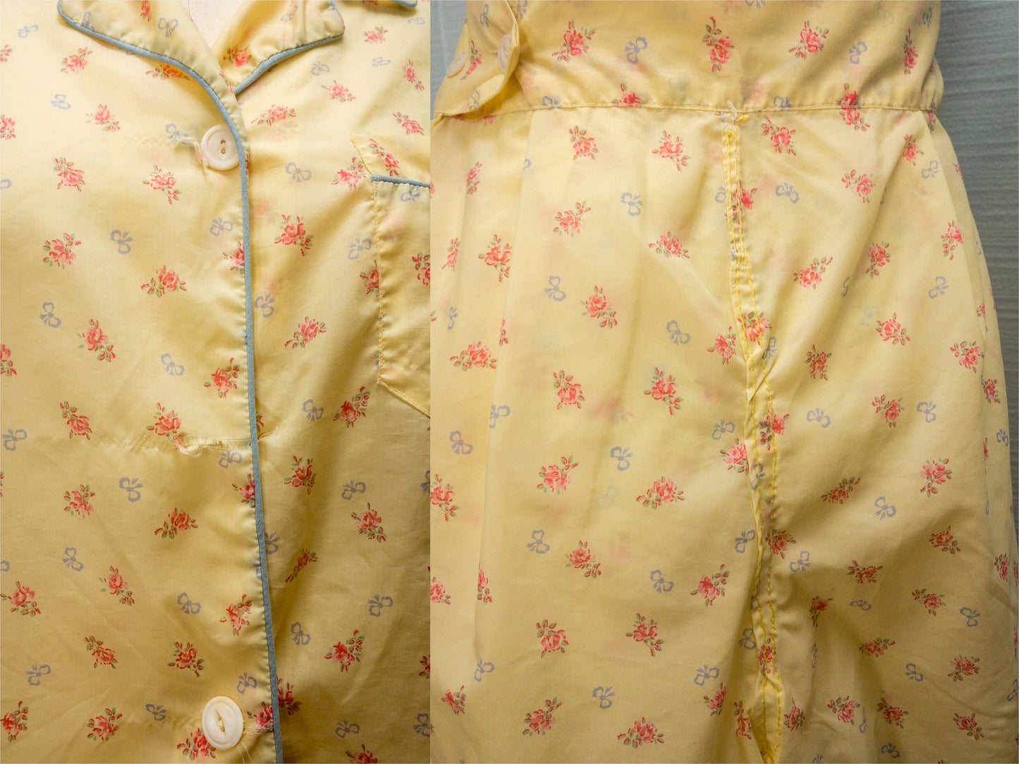 40's 50's Bows & Flowers Yellow Pajama Set | M
