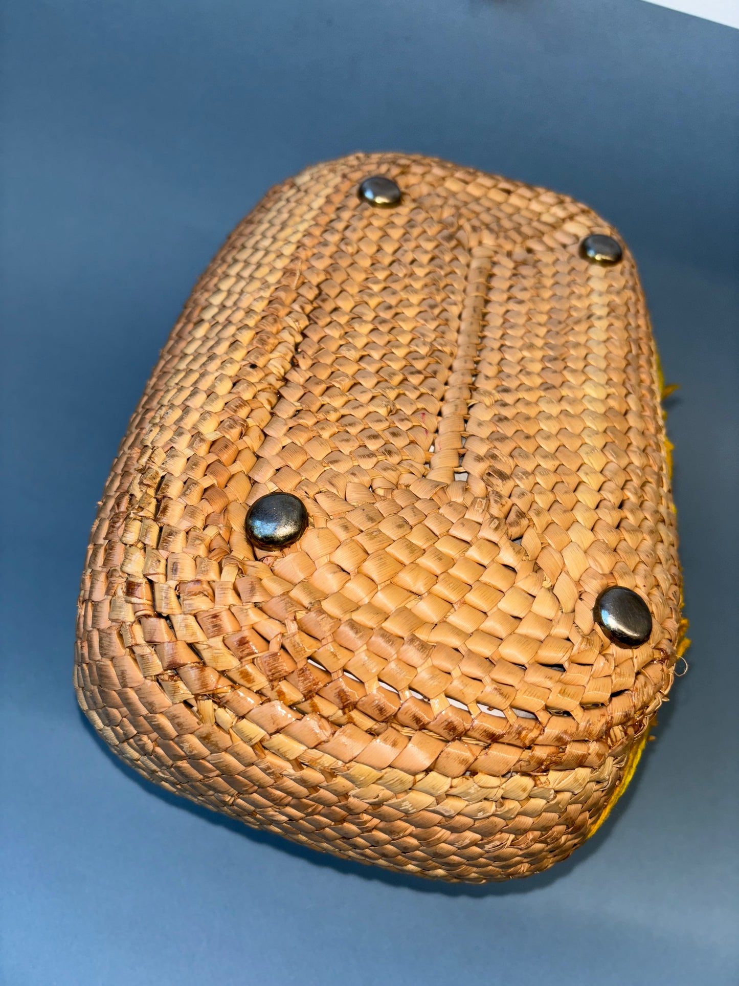 50's 60's Mrs. Maisel Rattan Straw Box Purse Yellow Yarn Floral
