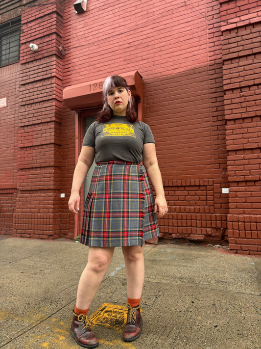 60's 70's Mrs. Maisel Grey Tartan Plaid Pleated Skirt | W: 32"