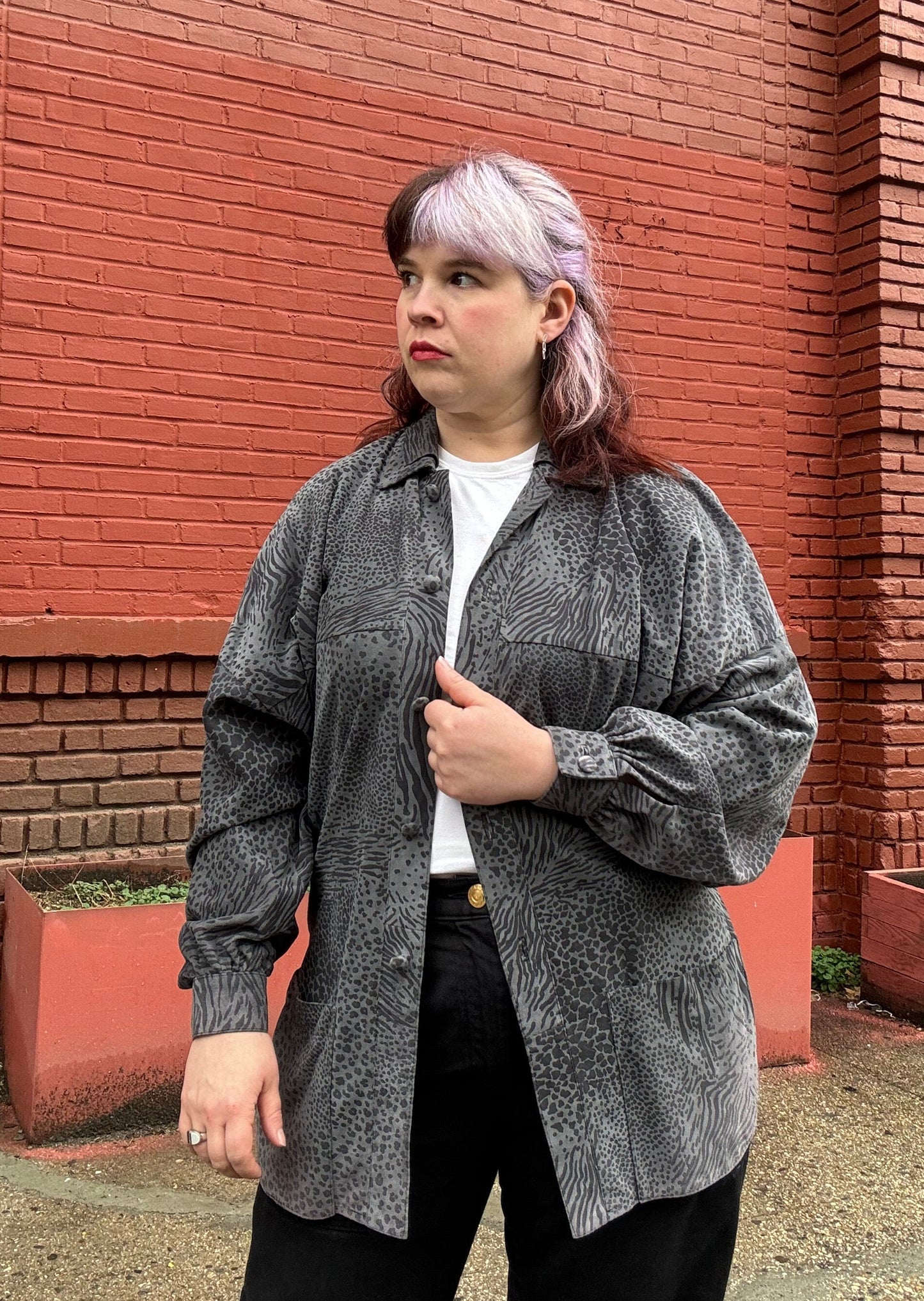 80's Grey Animal Print Leopard Drop Shoulder Shirt Jacket