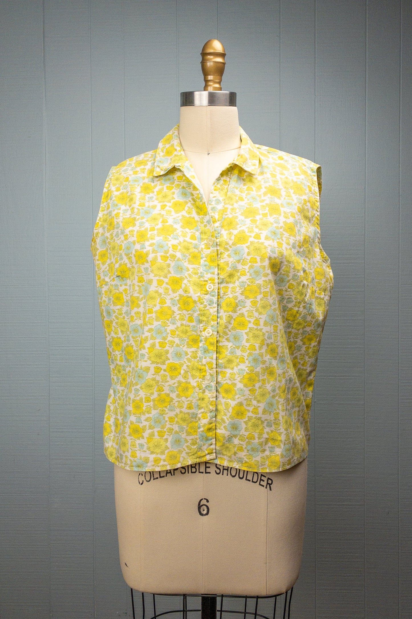 60's Yellow & Blue Ditsy Floral Sleeveless | M/L