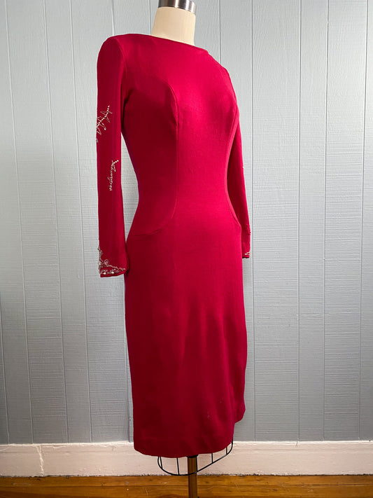 50s 60s Wounded Red Wool Knit Dress