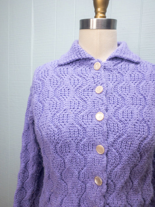 50's 60's Lavender Wavy Knit Collared Cardigan