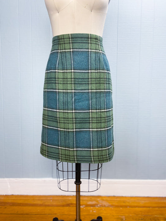 90's JG Hook Green Blue Plaid Wool Blend Pencil Skirt | W 30"