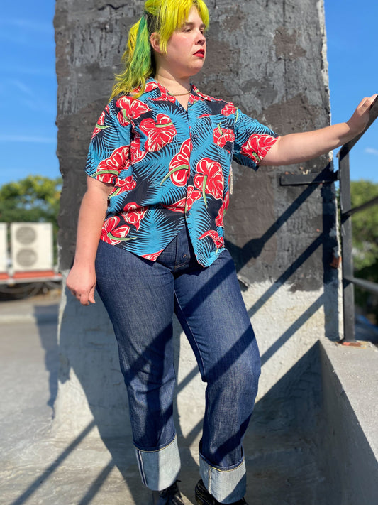 60's Hawaiian Silky Shirt Blue/Red