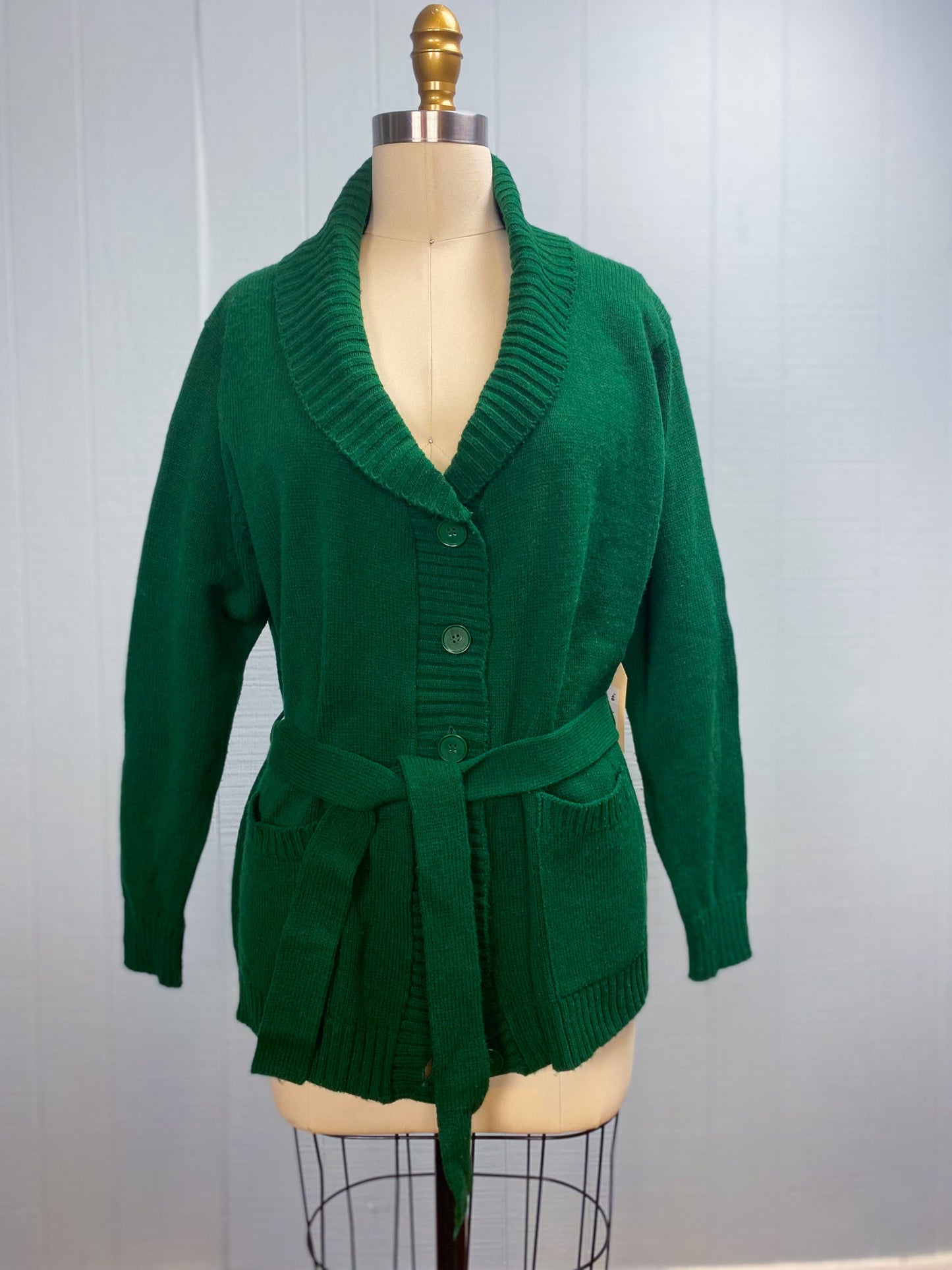 70s 80s Forest Green Shawl Collar Belted Cardigan