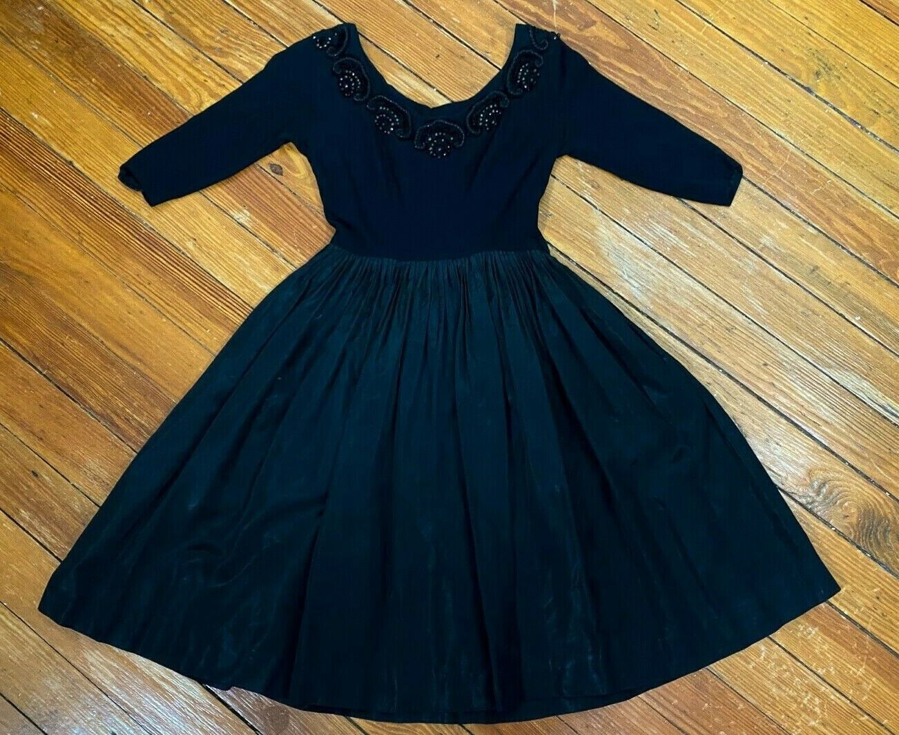 40s 50s Black Jeweled Wool Ballet Dress | XS/S