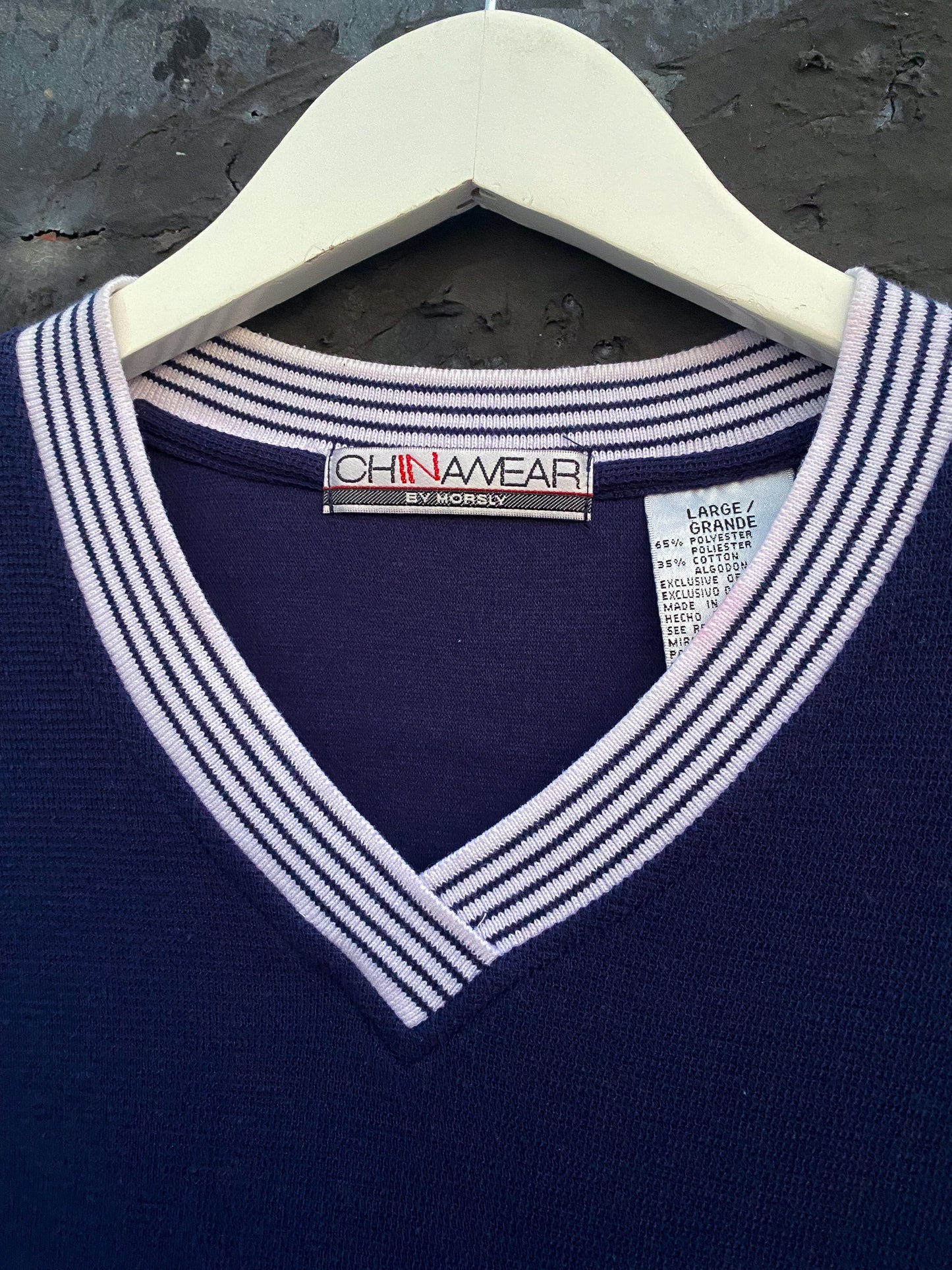 80s 90s Navy V Neck Ringer Stripe TShirt