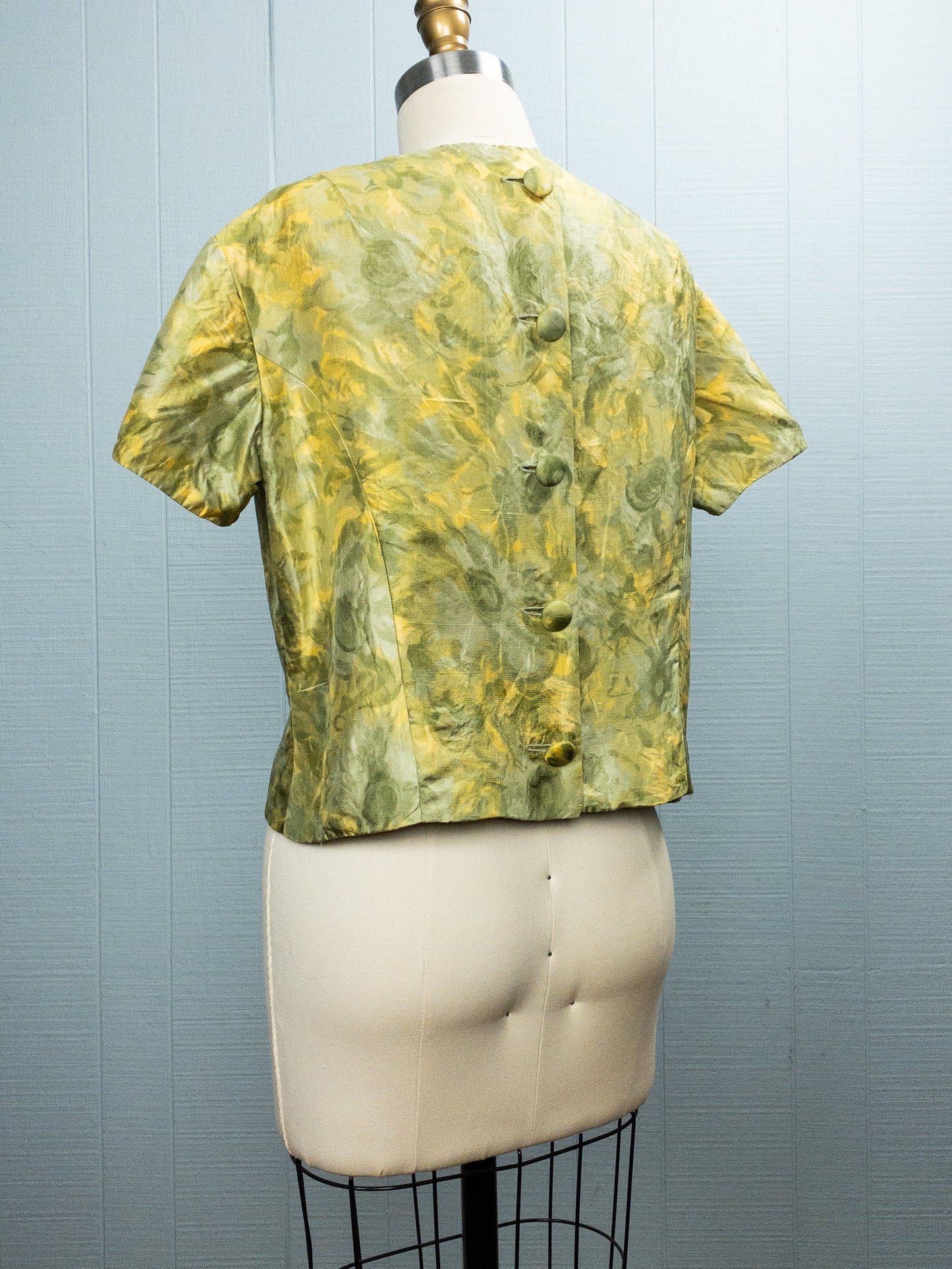 60's Green Floral Raw Silk Top I S/M