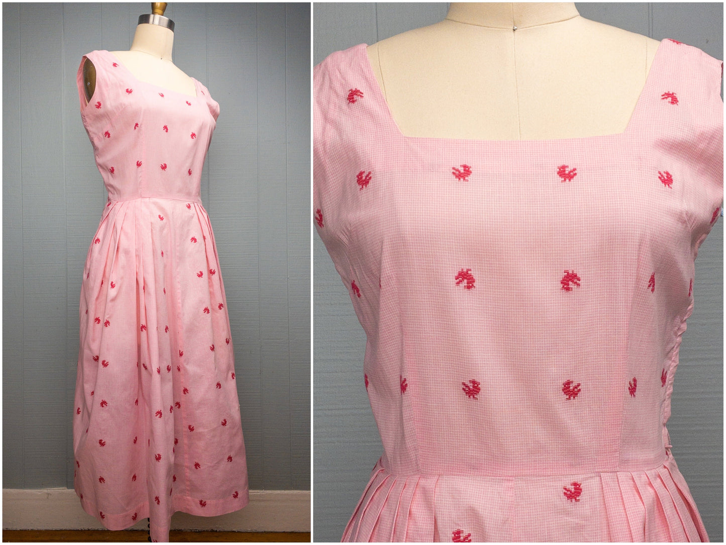 50's Pink Gingham Chicken Day Dress | M/L