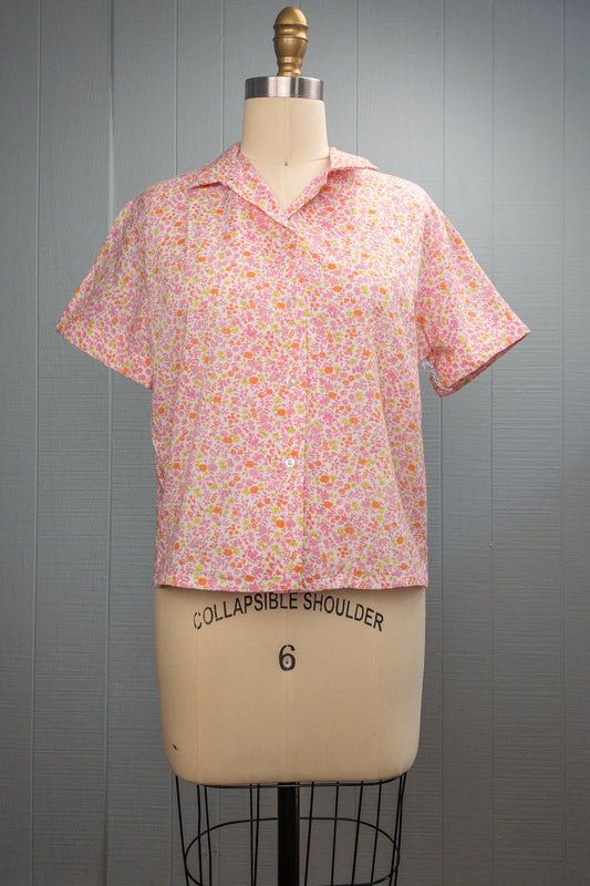 60's Pink/Orange/Green Ditsy Floral Loop Collar Shirt | M