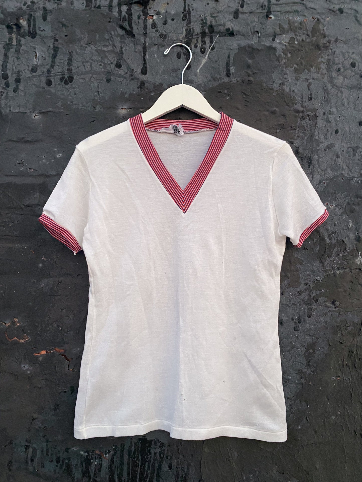 60s 70s V Neck Ringer Red White & Blue TShirt