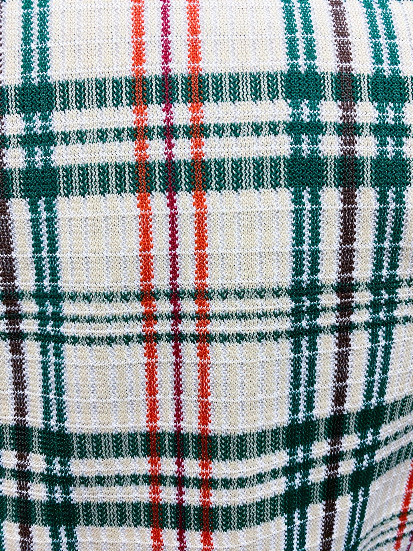 70's Cream Green Orange Plaid V Neck Poly Vest | L