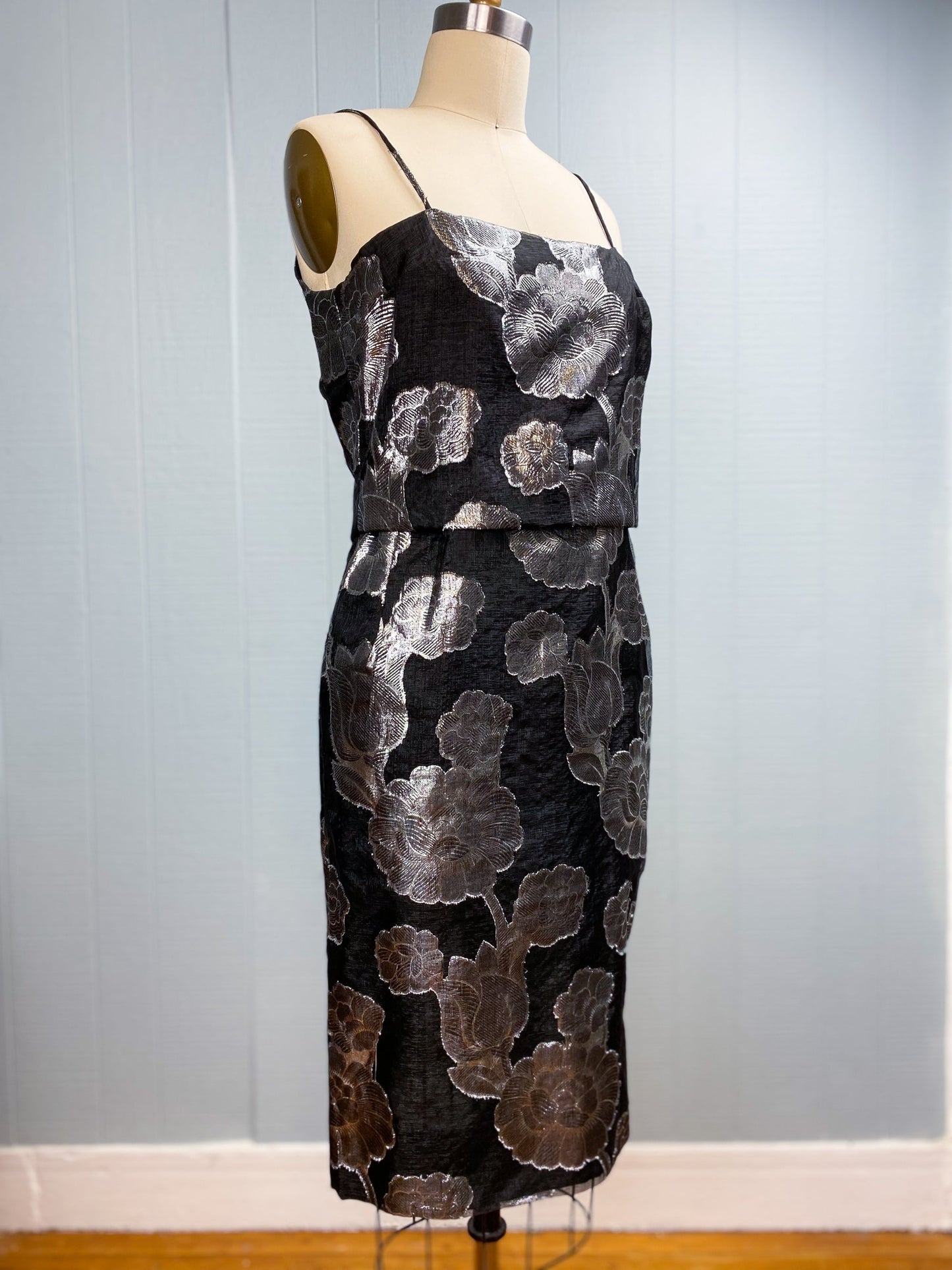 60's Black & Silver Metallic Cocktail Dress & Jacket | M