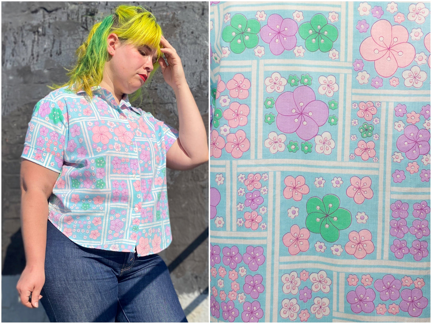 60's Blue Blossom Floral Green Pink Purple