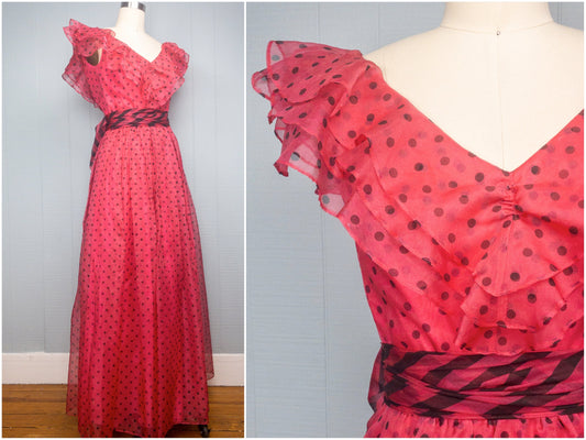 80's Magenta Pink Polka Dot Ruffle Gown | XXS/XS
