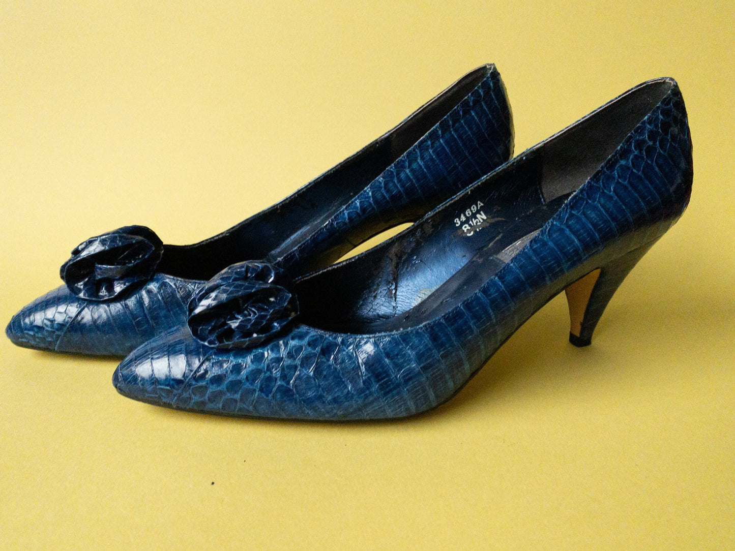 80s Blue Snakeskin Rosette High Heel Pumps by J Renee