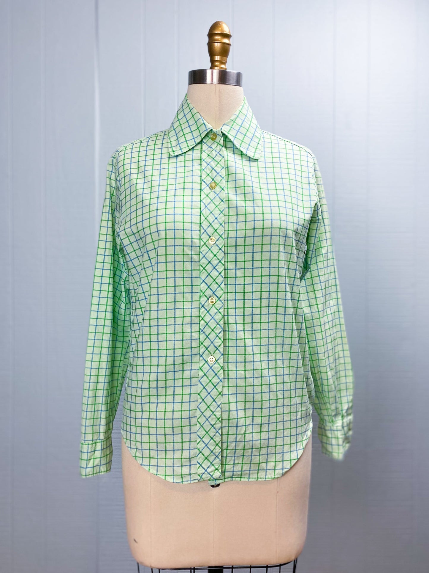 50s/60s Mint Green Windowpane Long Sleeve Blouse | XS/S