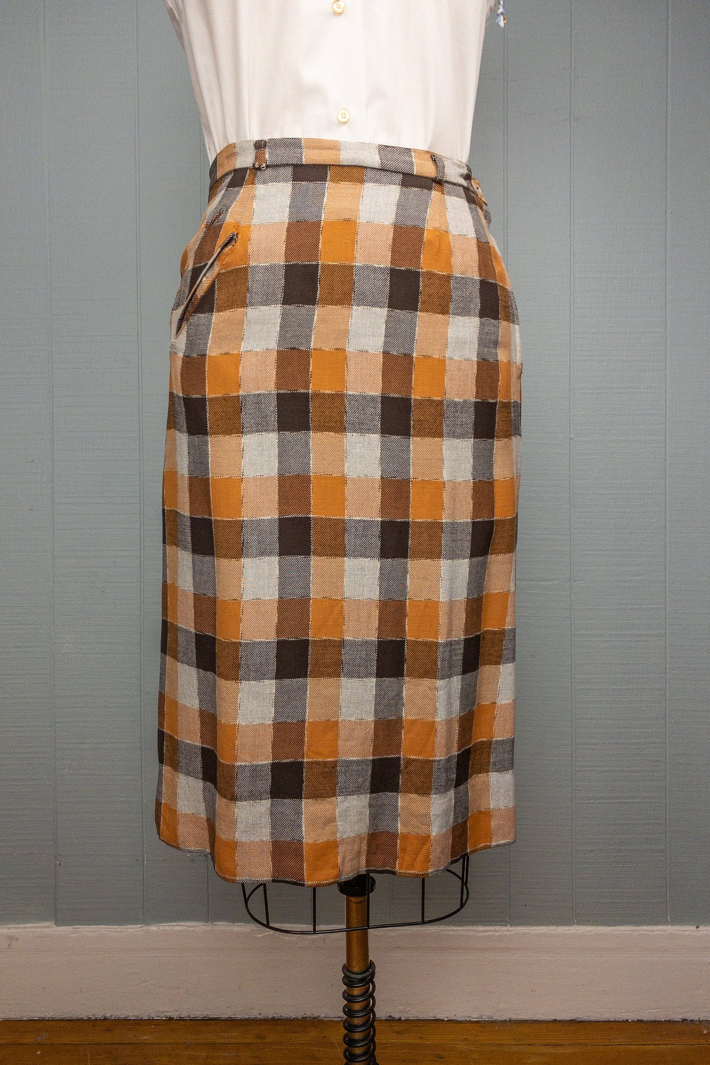 50's Orange Chocolate Plaid Skirt | S/M
