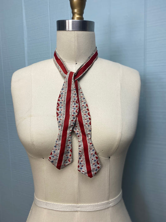 50's Self-Tie Wine Red Blue Graphic Print Bowtie