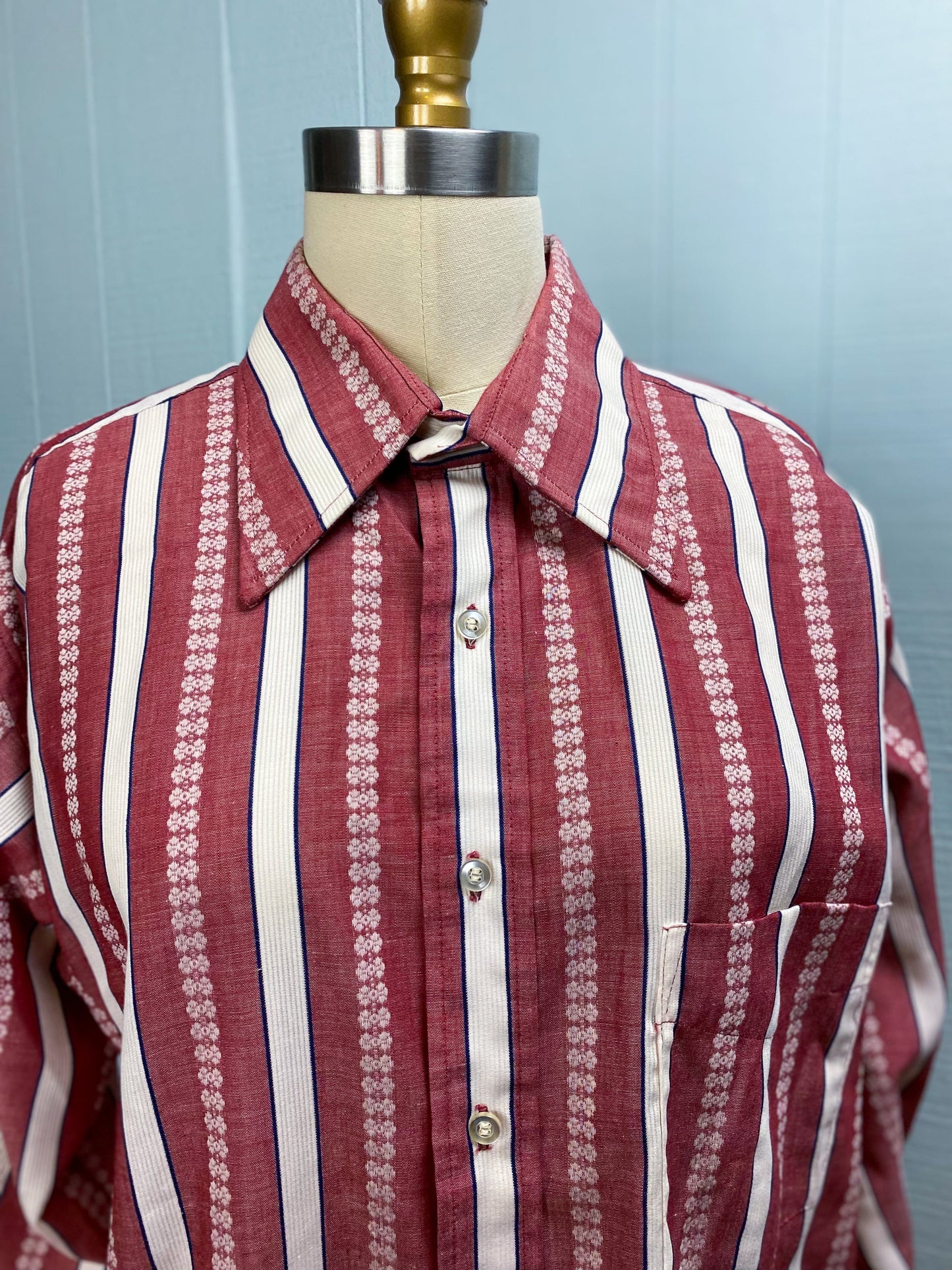 70's Wine & White Vertical Stripe Dagger Collar Button Up Shirt