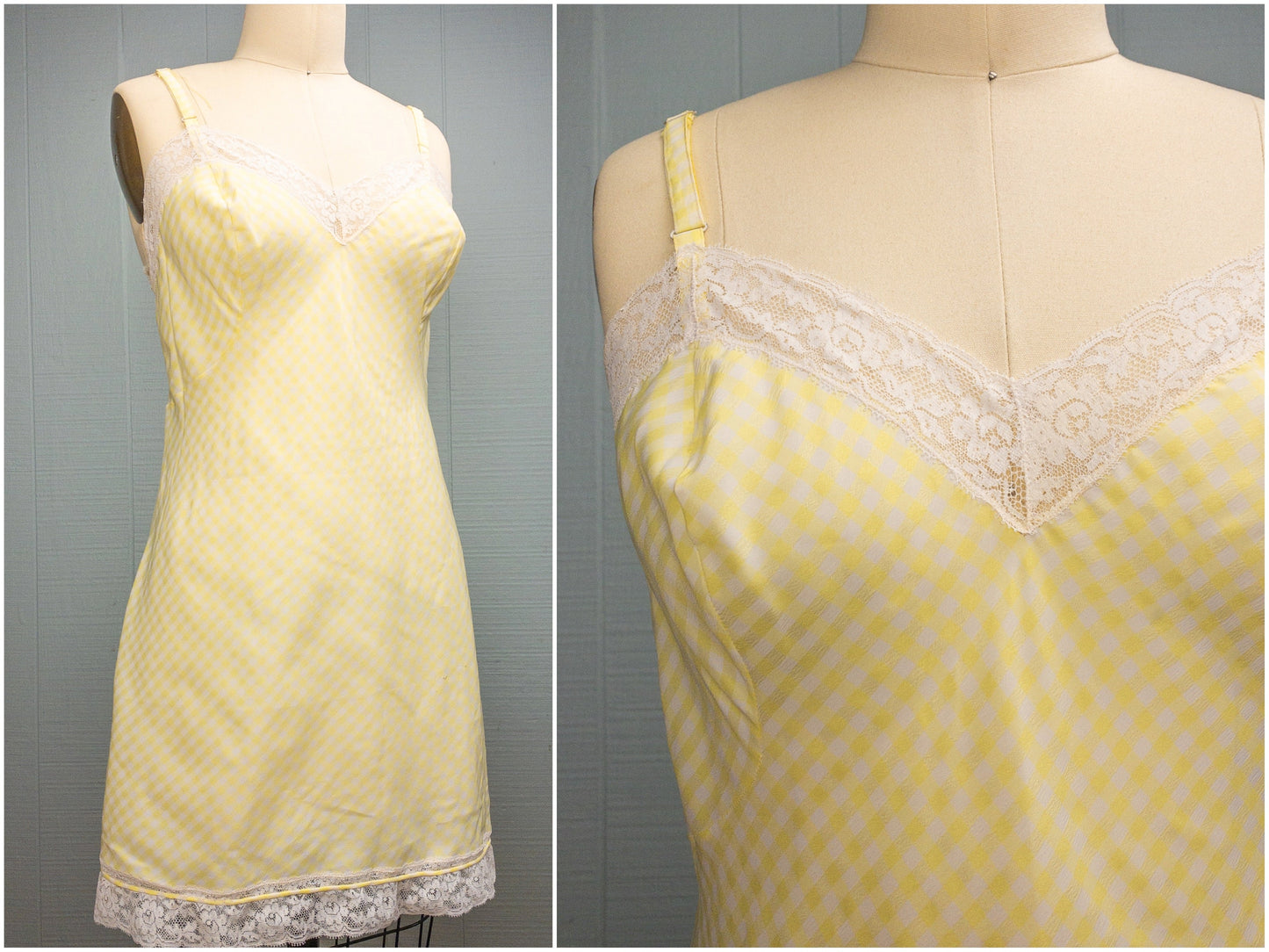 60's Yellow Gingham Lace Nightgown Slip | M
