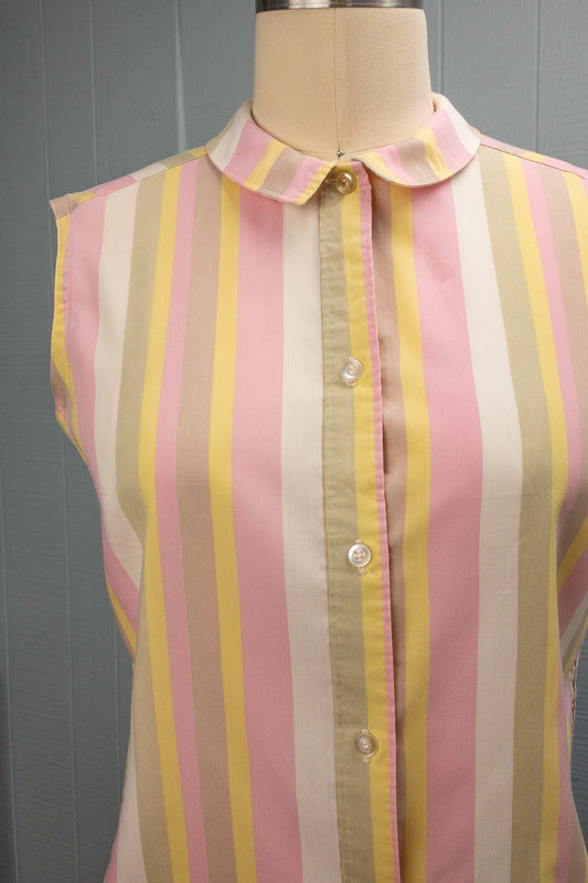50's 60's Pale Striped Sleeveless Blouse | S/M