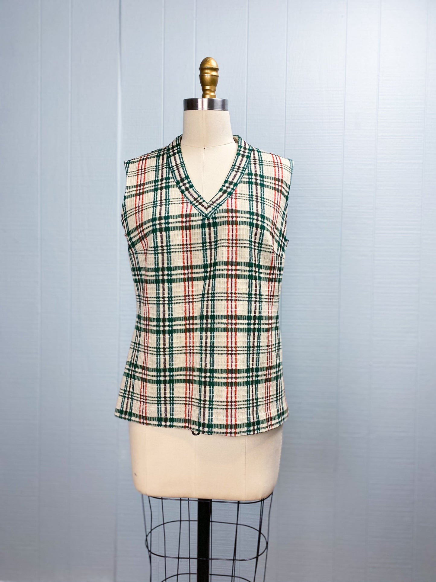 70's Cream Green Orange Plaid V Neck Poly Vest | L