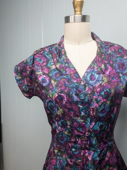 50's Purple Abstract Floral Dress | M/L