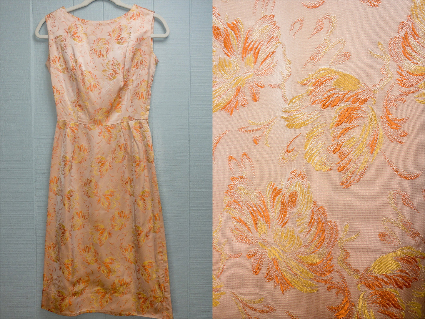 50's 60's "Marvelous Mrs. Maisel" Peach Jacquard Wiggle Dress | XXS