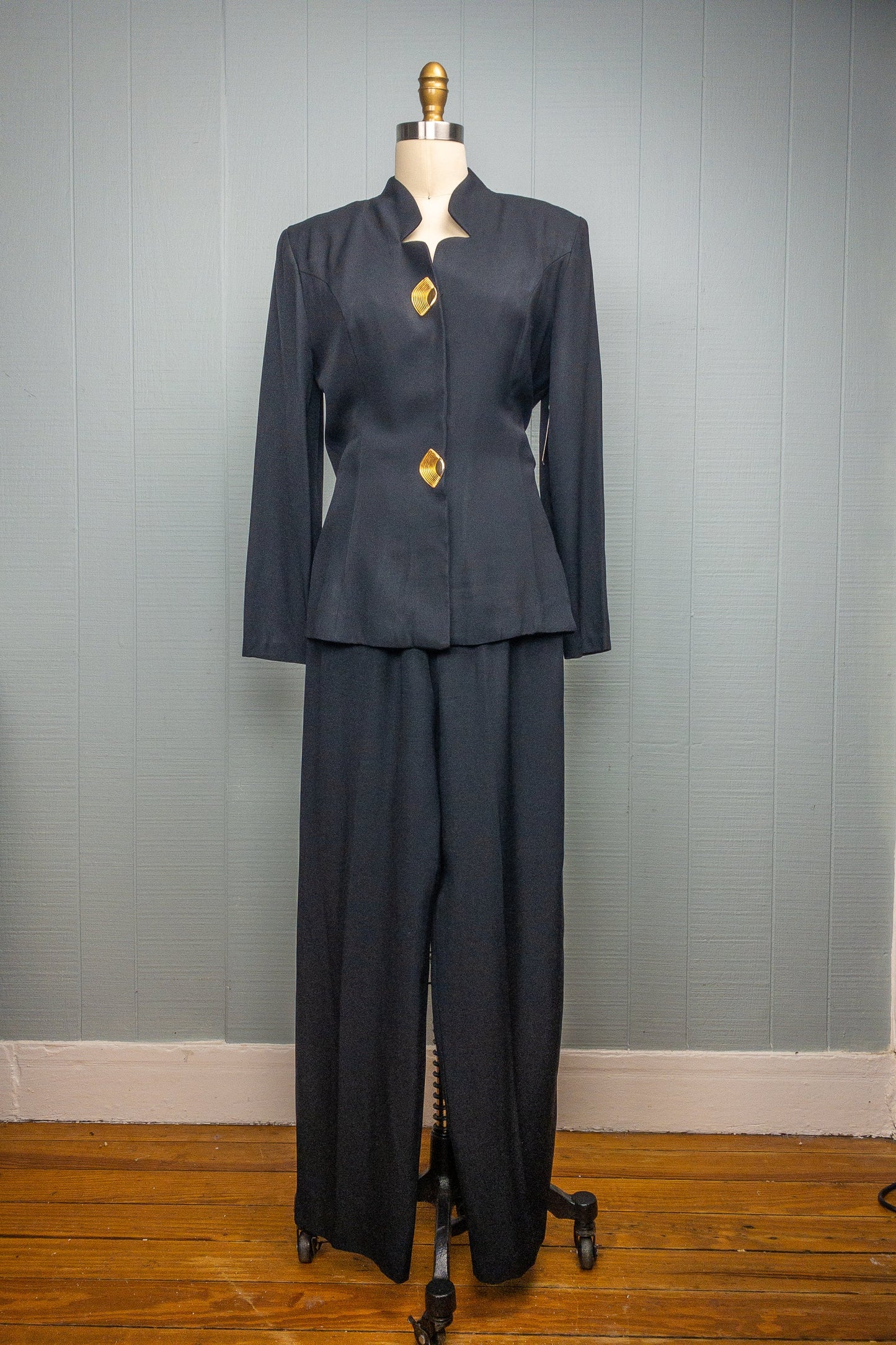 80's Black Crepe Pant Suit Virgo II Gold Statement Button