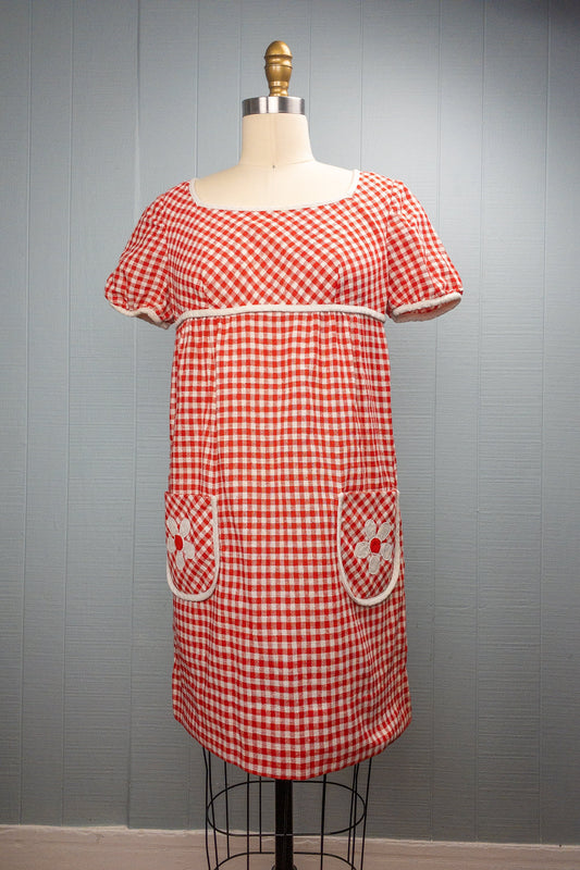 60's Red Gingham Baby Doll Dress | S/M
