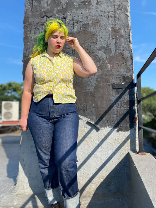 60's Yellow & Blue Ditsy Floral Sleeveless | M/L