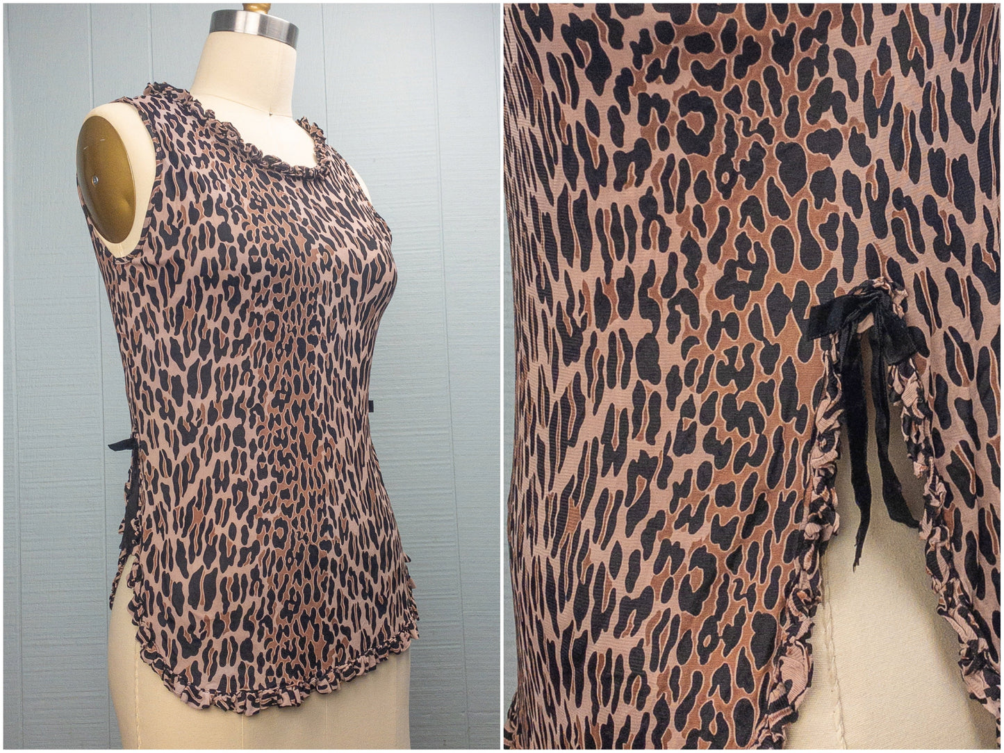 50s 60s Leopard Ruffle Tank Top | XXS/XS