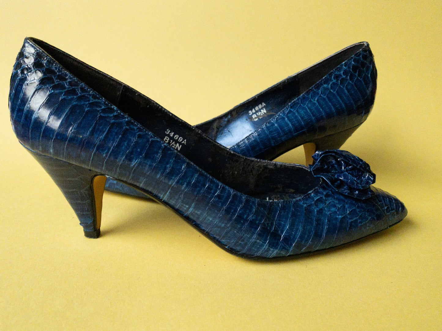 80s Blue Snakeskin Rosette High Heel Pumps by J Renee
