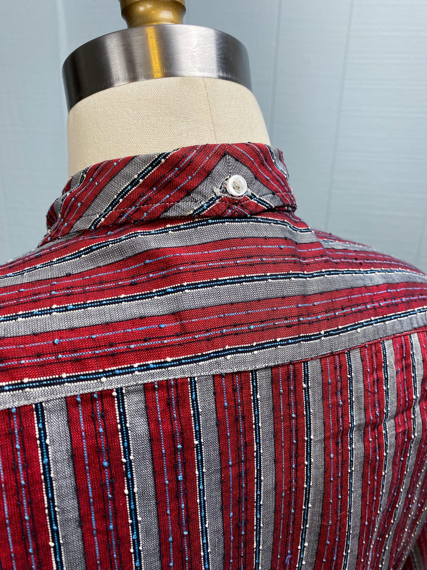 50's Red & Grey Vertical Textured Stripe Button Down Oxford Wash n' Wear Blouse | M/L