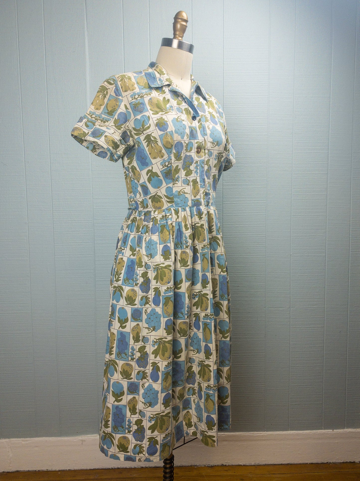 50s 60s Fruits in Blue Shirt Dress | S/M