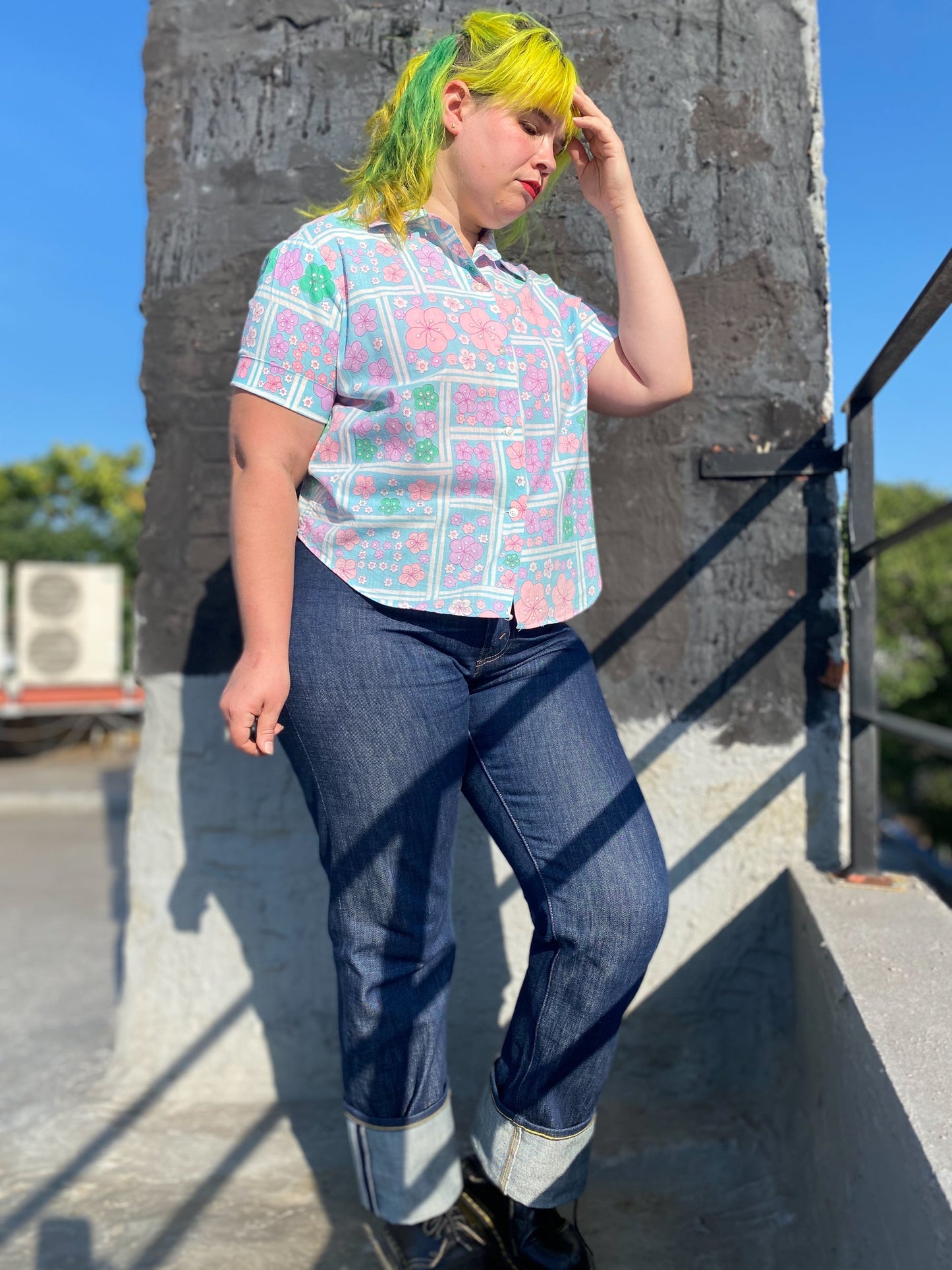 60's Blue Blossom Floral Green Pink Purple