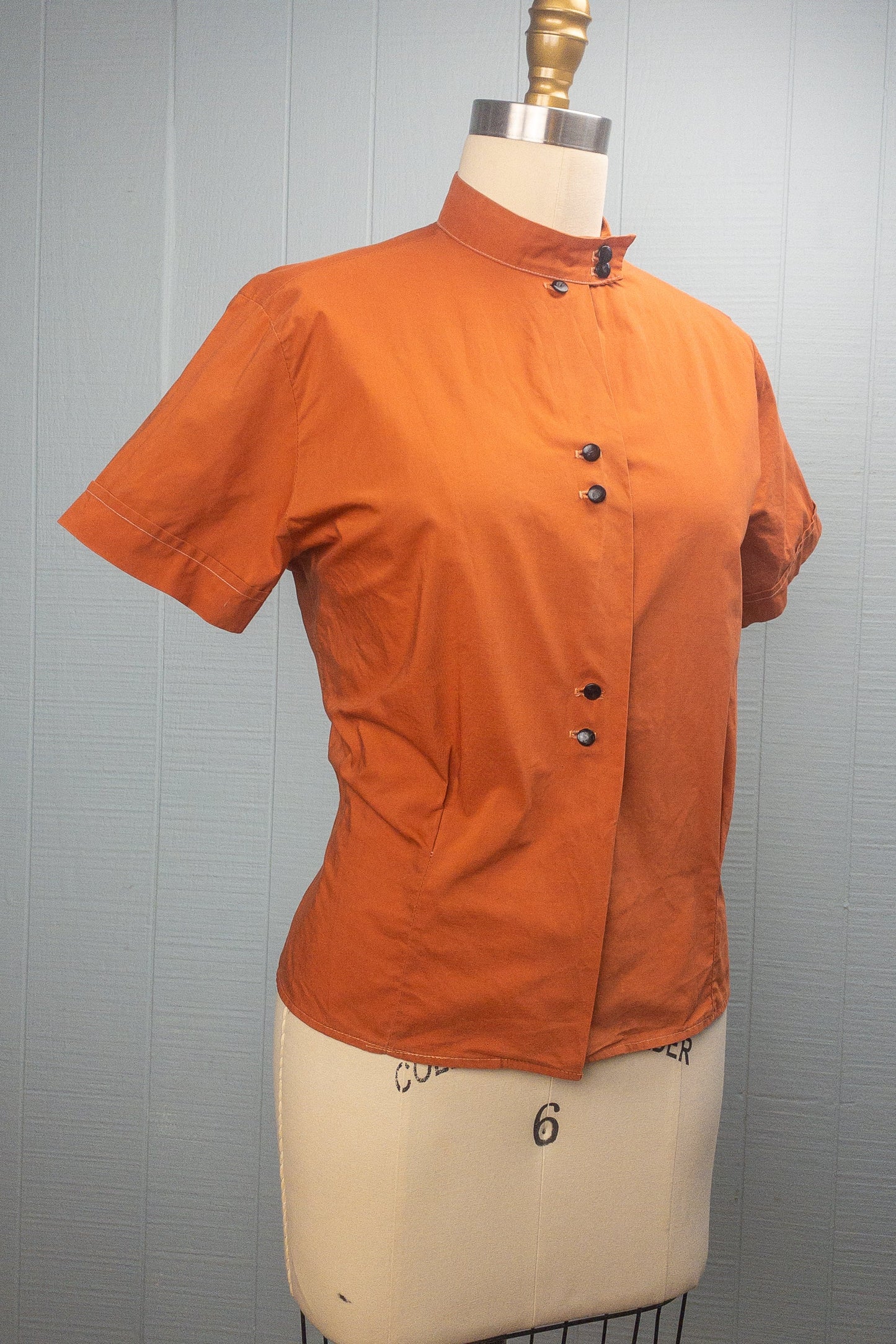 40s 50s Clay Orange Stand Collar Blouse | M