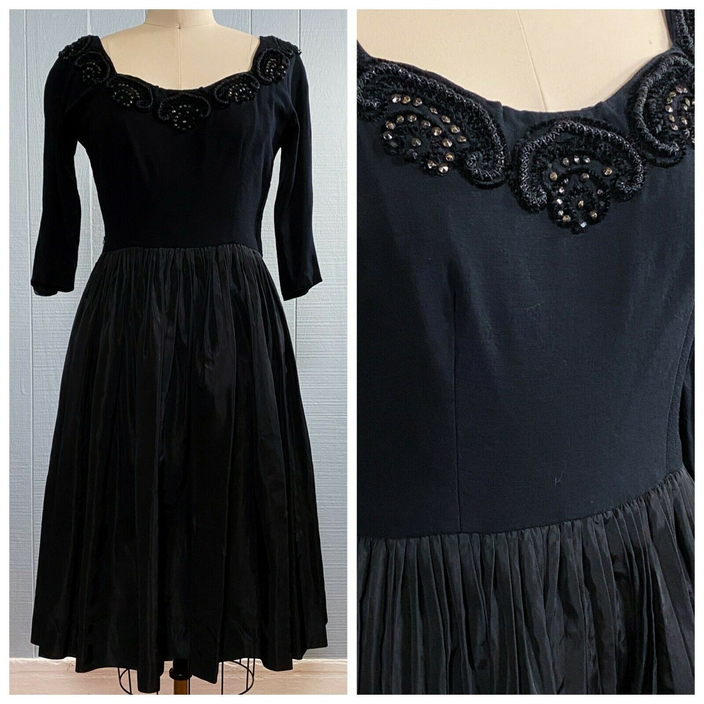 40s 50s Black Jeweled Wool Ballet Dress | XS/S