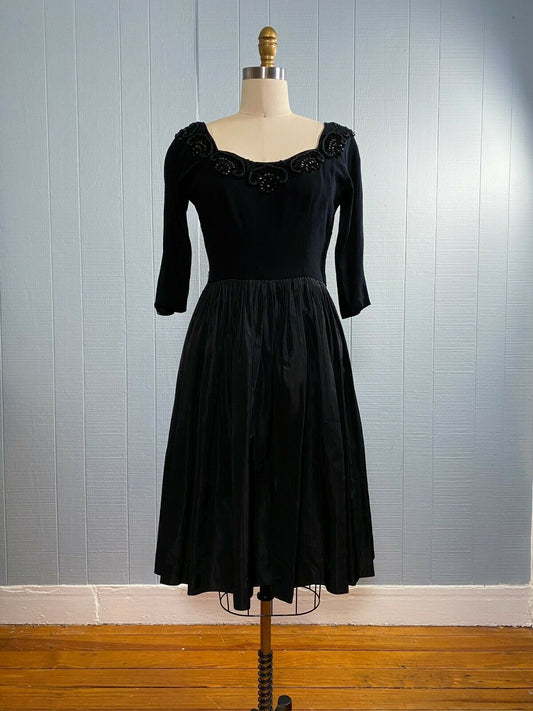 40s 50s Black Jeweled Wool Ballet Dress | XS/S