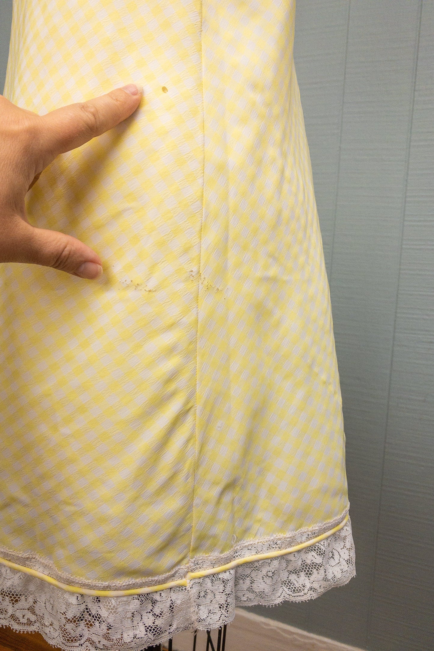 60's Yellow Gingham Lace Nightgown Slip | M